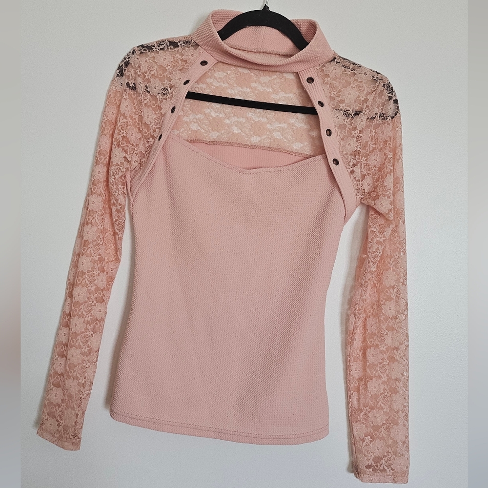 D.i.a Gyaru High Neck Lace Sleeve Top - Picture 5 of 8